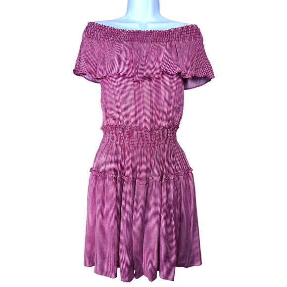 Willow‎ & Clay Red Checked Smocked Off Shoulder Mini Dress Women's Medium Preppy - Picture 1 of 10